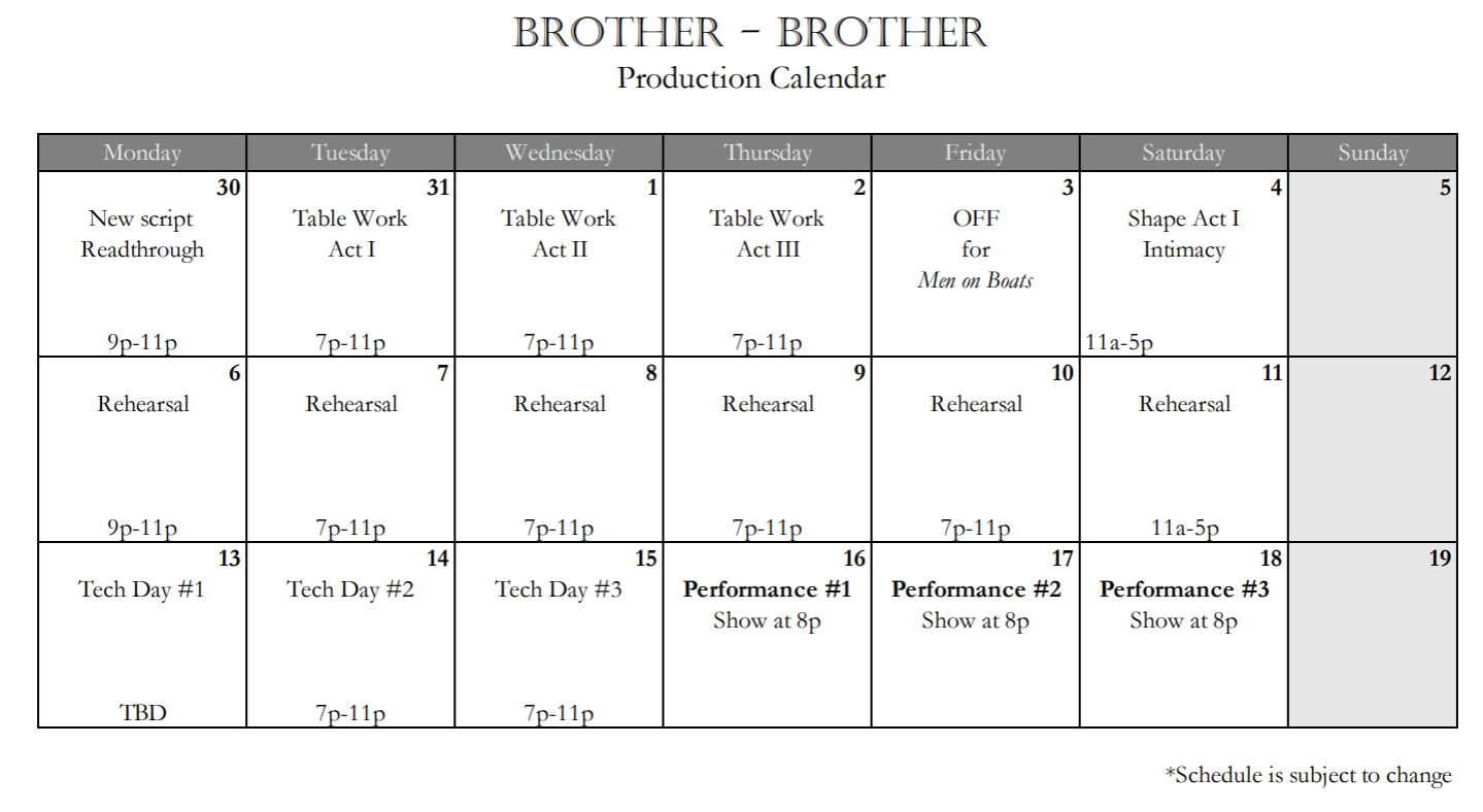 Rehearsal calendar as of October 30
