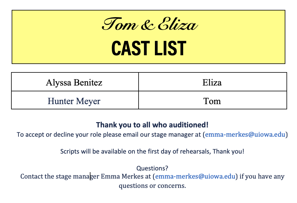 Tom & Eliza Callbacks List